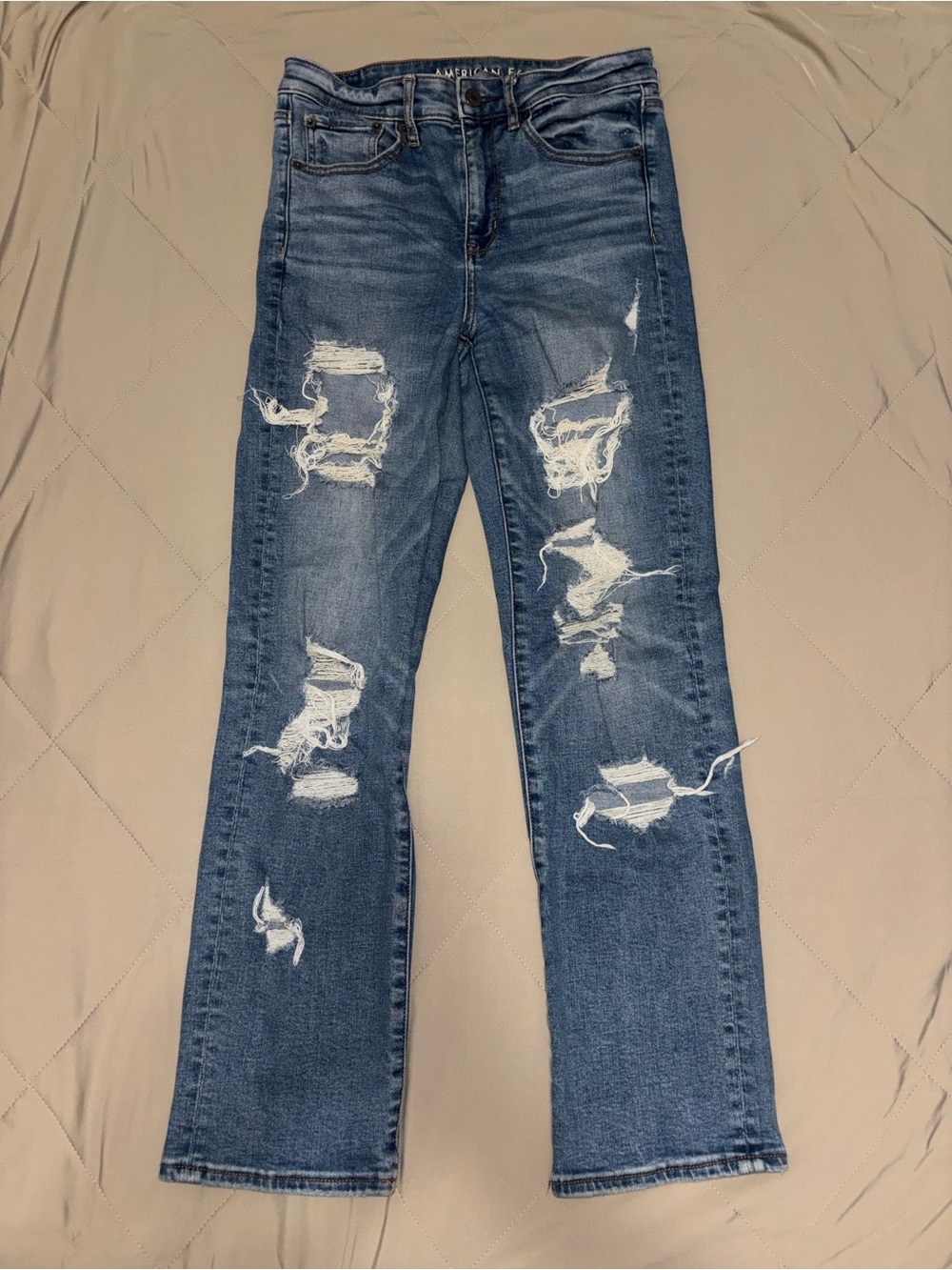 American Eagle Outfitters Distressed Blue Straight-Leg Jeans